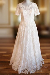 Boat Neck Short Sleeve Vintage Lace Floor Length Ivory Wedding Dresses